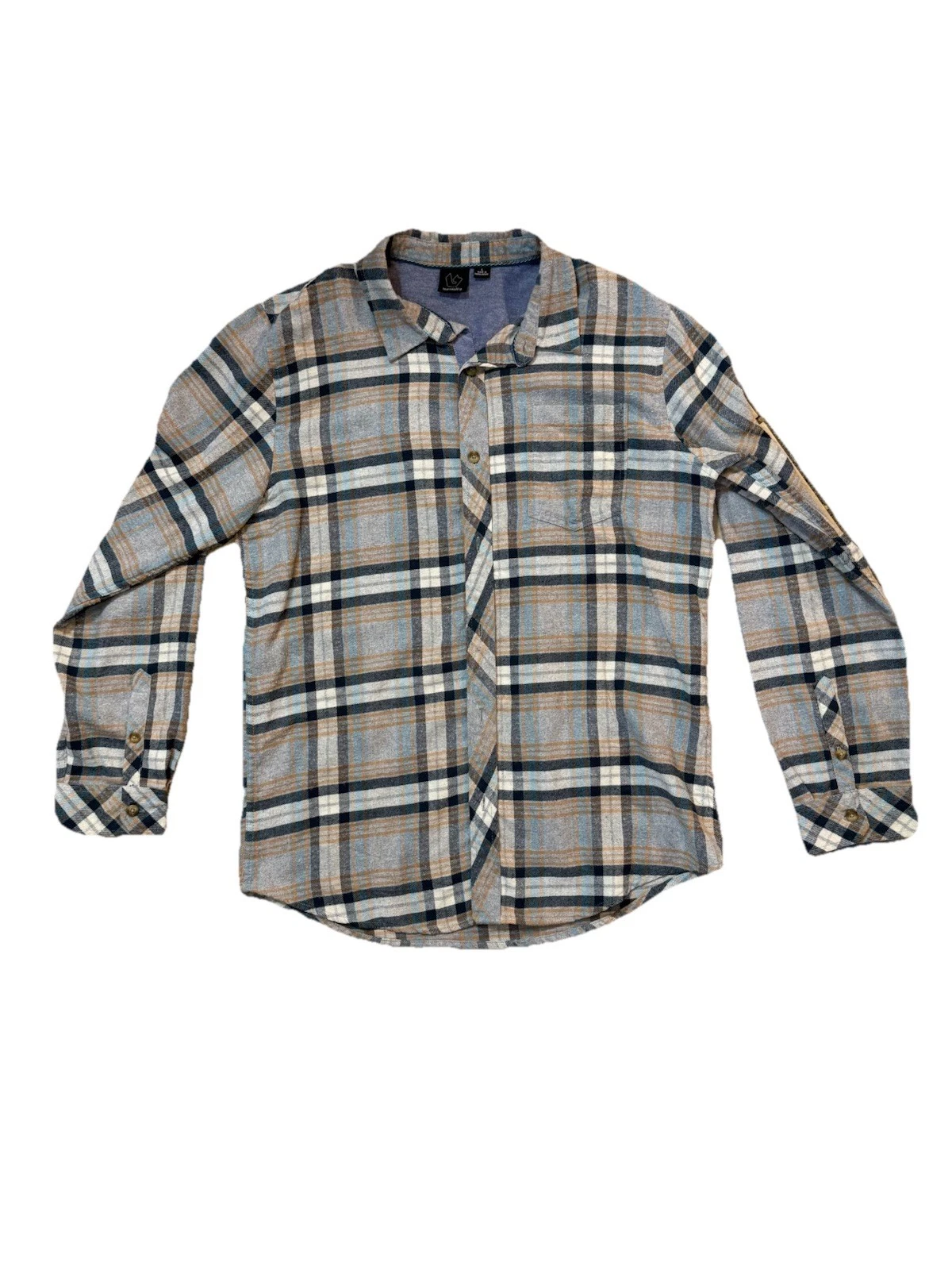 Burnside Flannel Shirt Mens Sz LARGE Blue Yellow Plaid Button Up Long Sleeve