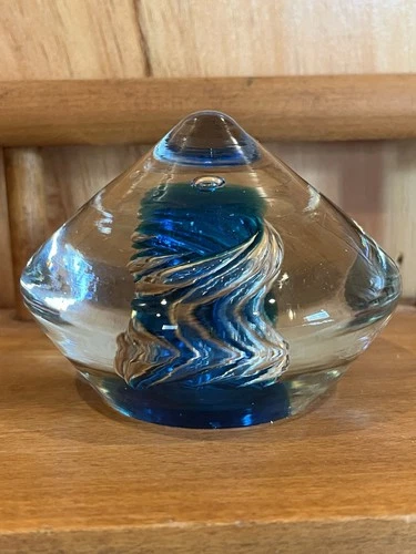 Blenko Art Glass Clear & Cobalt Blue Air Bubble Swirl Cone Shaped Paperweight