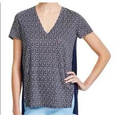 Tory Birch Linen Silk T Shirt Women Short Sleeve Top Blue Geometric Print