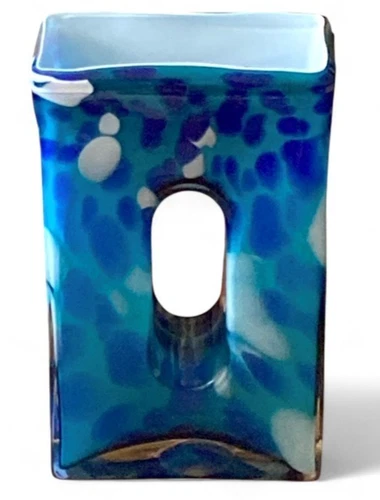 Murano Blue Rectangle Dual-Chamber Vase 10” Cased Art Glass Donut Hole Retro Vtg