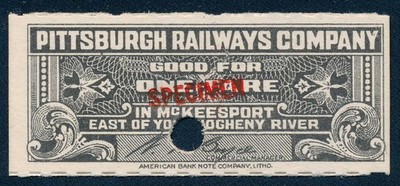 1900 Pittsburgh Railways Co. PA, SPECIMEN ticket, ABNCo