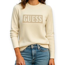 GUESS Women s Logo Sweater Small Ivory Cozy Knit Y2K Glam Old Money Minimalist