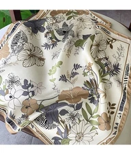 100% Silk Scarf Women Beige Flower Wrap Head Neck Hair Kerchief Headscarf 53cm