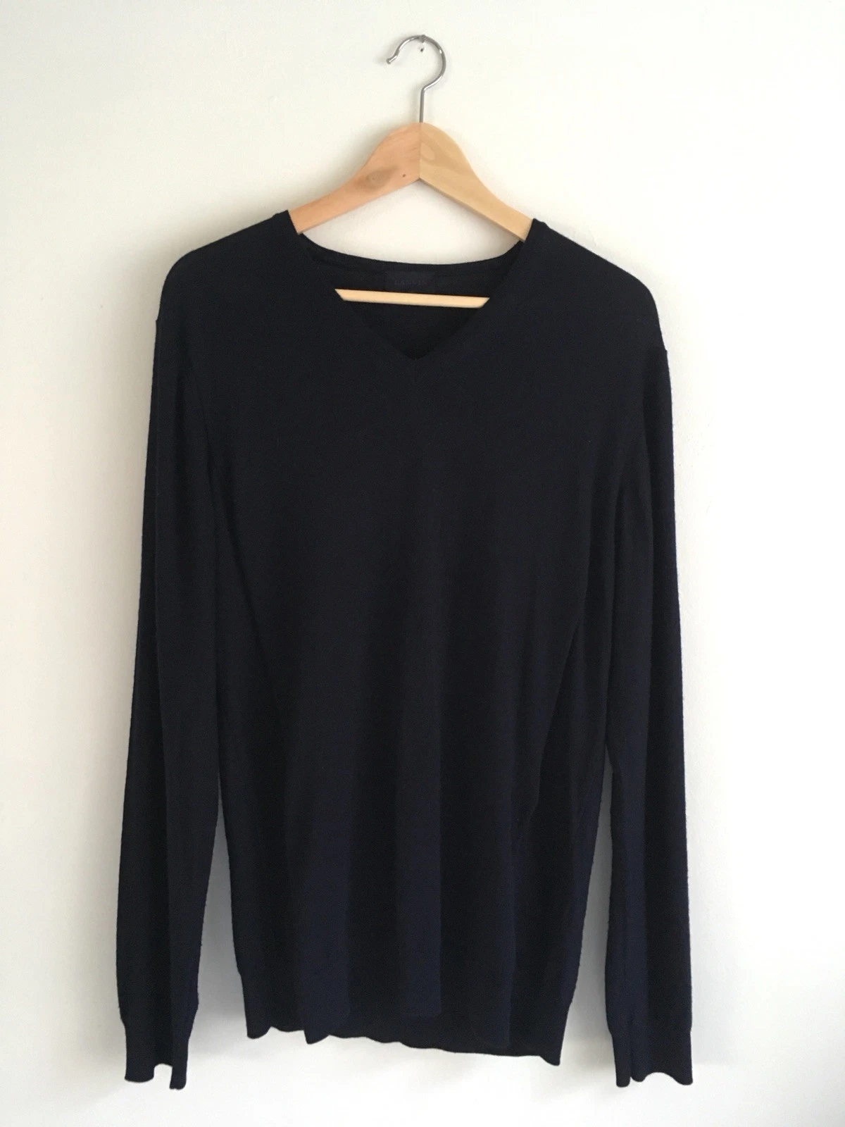 Lanvin — Lanvin Navy Blue V-Neck Merino Wool Sweater Size Large Made In Italy