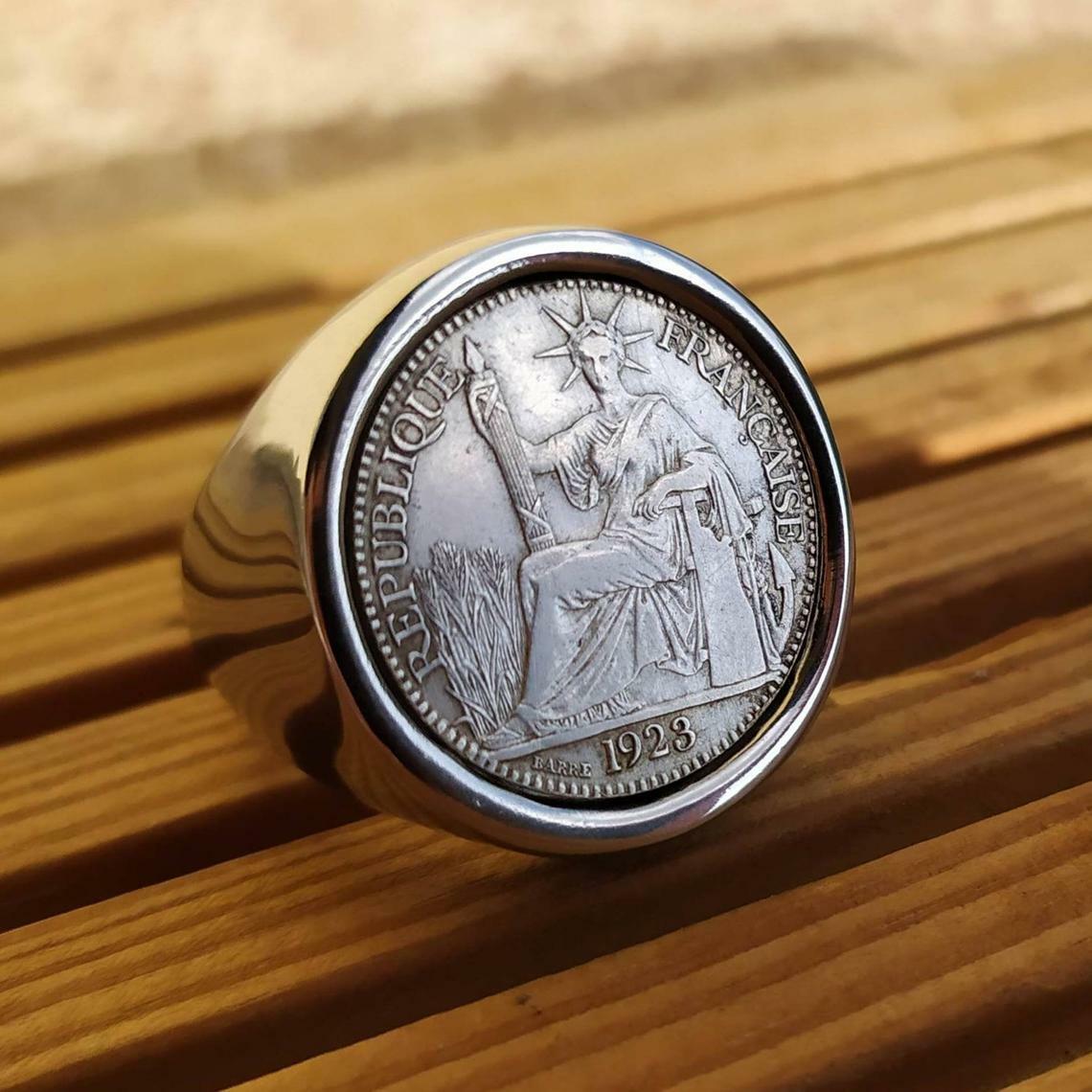 Bague chevalière pièce 10 centimes en argent massif fait main pour homme taille 62
