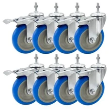 8 Pack 5 Inch Stem Caster Swivel w/ Front Brake Blue PU Heavy Duty Caster Wheels
