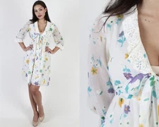 Vintage 60s White Floral Mod Dress Deep V Ruffle Lace House Lounge Party Mini