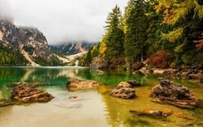 Landscape nature lake mountains forest overcast fall Custom Gaming Mat Desk