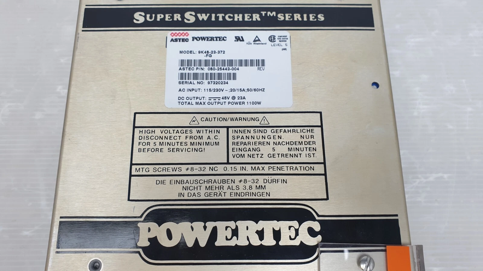 Rating label: Model 9K48-23-372-FG, Astec P/N 080-25443-004, 48V @ 23A, 1100W