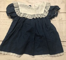VINTAGE Peaches N Cream baby girls Polkadot Dress Navy Ruffles 18 Months