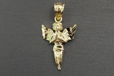 Real 10K Solid Yellow Gold Diamond Cut 1'' Praying Angel Charm Pendant.