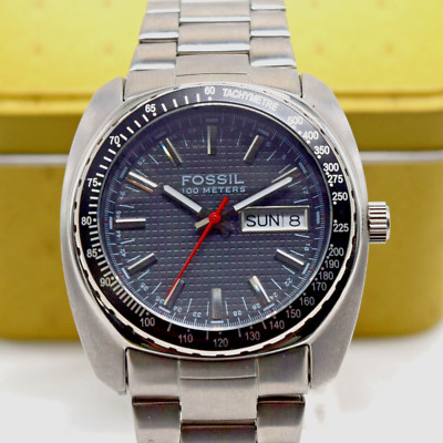 NOS Fossil Blue AM-3887 Tachymeter Bezel Retro Style Cushion Watch in Tin