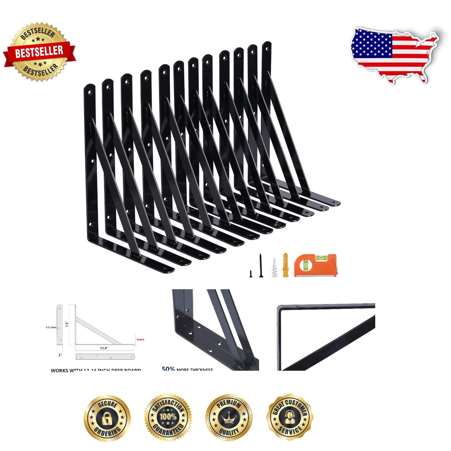Heavy Duty 12 Inch Shelf Brackets 12 Pack Set for Easy Vertical Installation  