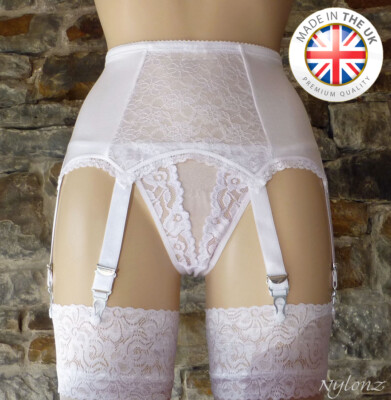 6 Strap Luxury Lace Panel Suspender Belt WHITE (Garter Belt) NYLONZ Made In UK