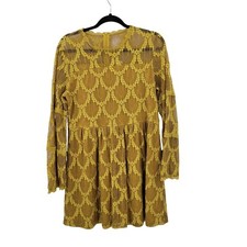 Xhilaration  Mustard Yellow Lace Bell Sleeve Dress L Tea Length Retro 70s Hippie