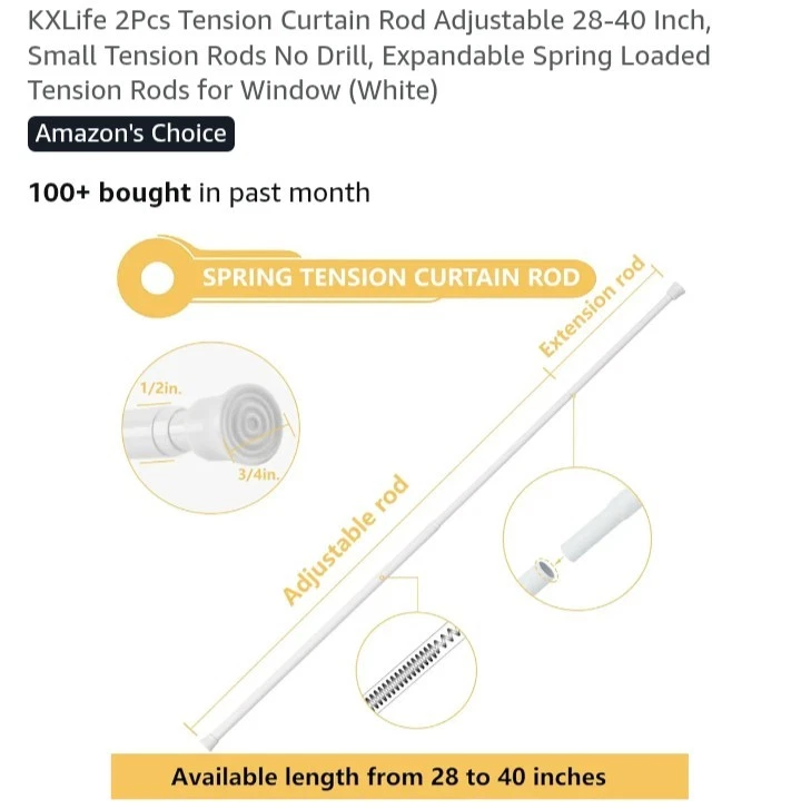 2 Piezas Barra de Cortina de Tensión Ajustable 28-40 Pulgadas, Pequeñas Varillas de Tensión Sin Taladro B1 Foto 2 de 3