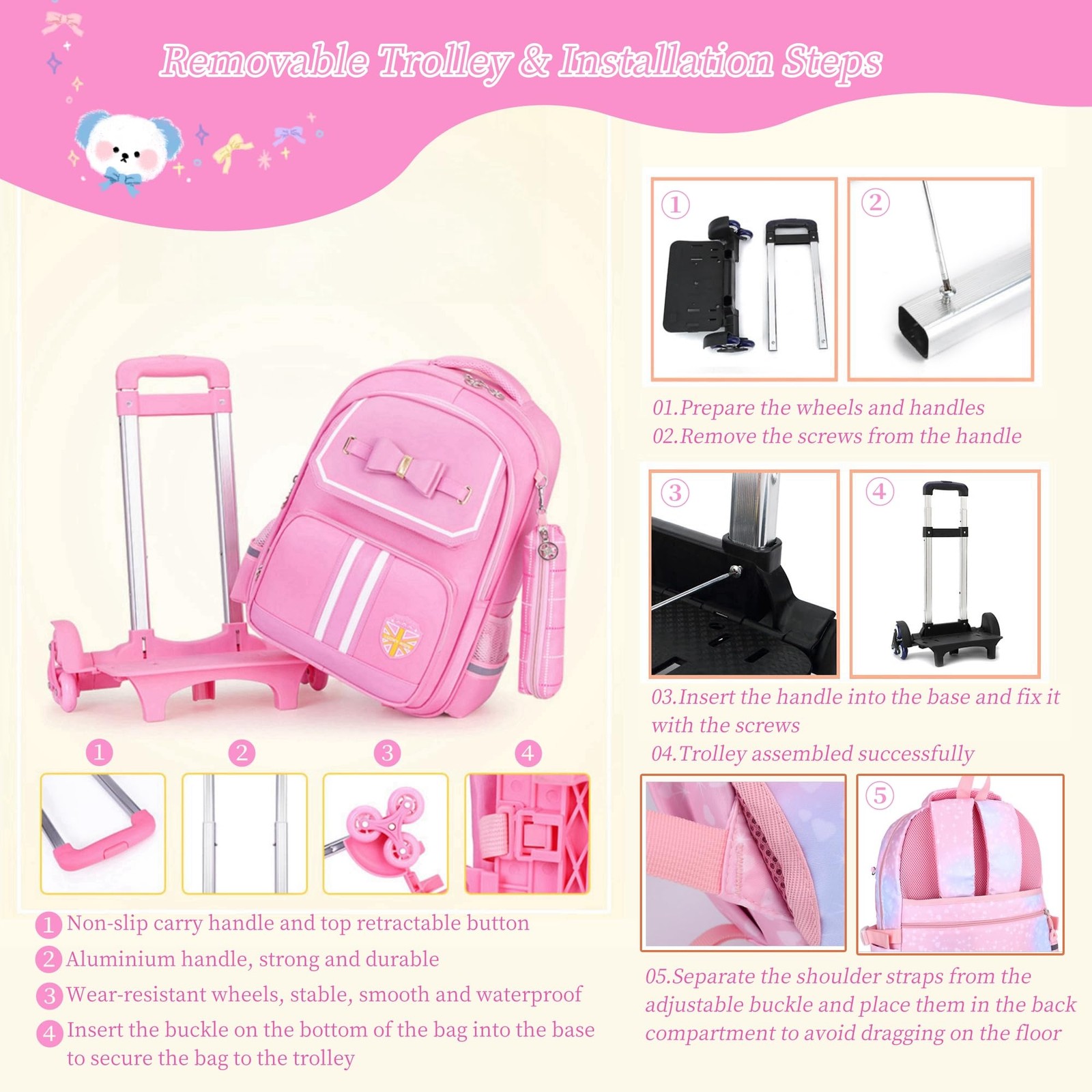 Rolling Backpack for Girls Trolley Bag School Bookbag with Wheels & Lunch Bag