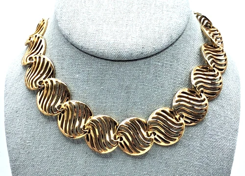 Trifari Necklace Gold Tone Wavy Discs Cut Outs Signed Vintage Jewelry