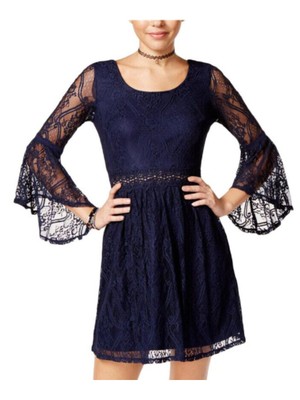 BCX Womens Navy Bell Sleeve Short Party Fit + Flare Dress 1