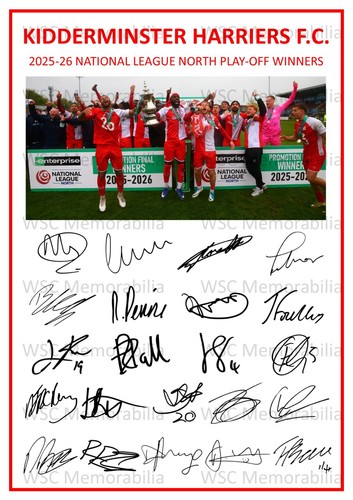 11779. Kidderminster Harriers Signed Team Sheets A4 Prints CHOOSE SEASON 2023-26