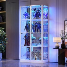 2PC Corner Display Cabinets 4 Tier Corner Shelf with LED Lights White