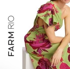 FARM RIO Fresh Garden One-Shoulder Linen Floral Midi Dress Size S