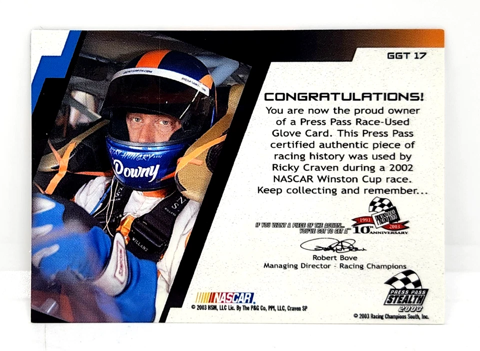 RICKY CRAVEN 36/150 RACE-USED GLOVE RELIC 2003 PRESS PASS STEALTH BURNING RUBBER - Image 2 of 2