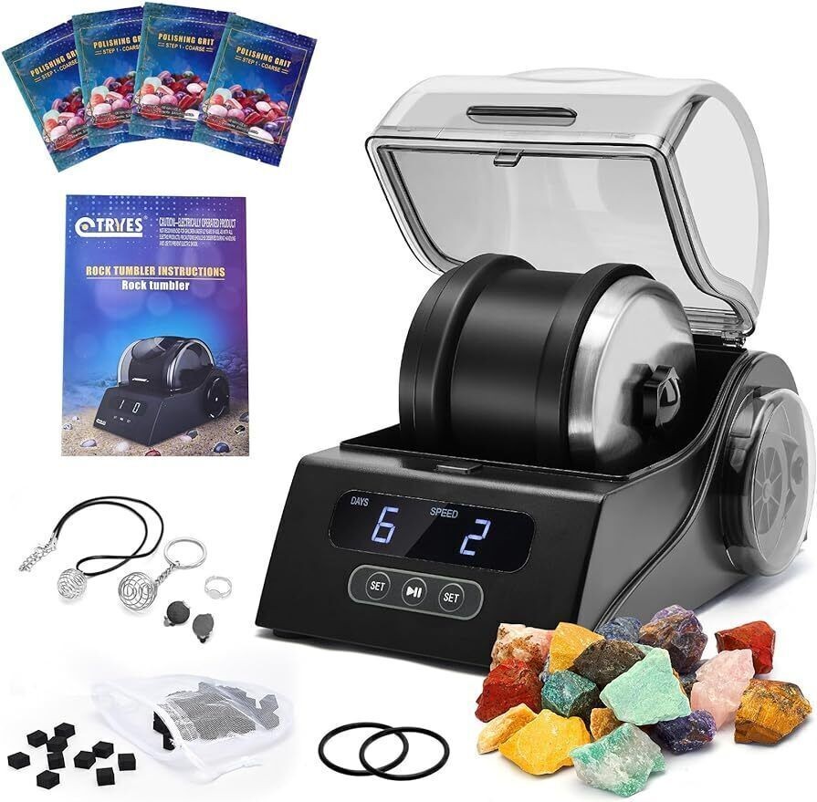 Rock Polisher Tumbler Kits with Noise Reduction Cover Speed&Timer Control Adult