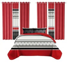 9 Piece Room in a Bag Quilt and Curtain Set, Us Designer Red and Black Geometric