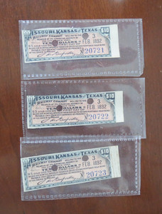 1892 Missouri, Kansas and Texas Railway Co 3 Consecutive $10 Bond Coupons