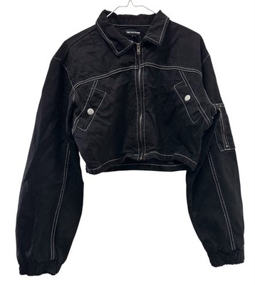 NWT Pretty Little Thing Black Super Cropped Denim Jacket US Size 12