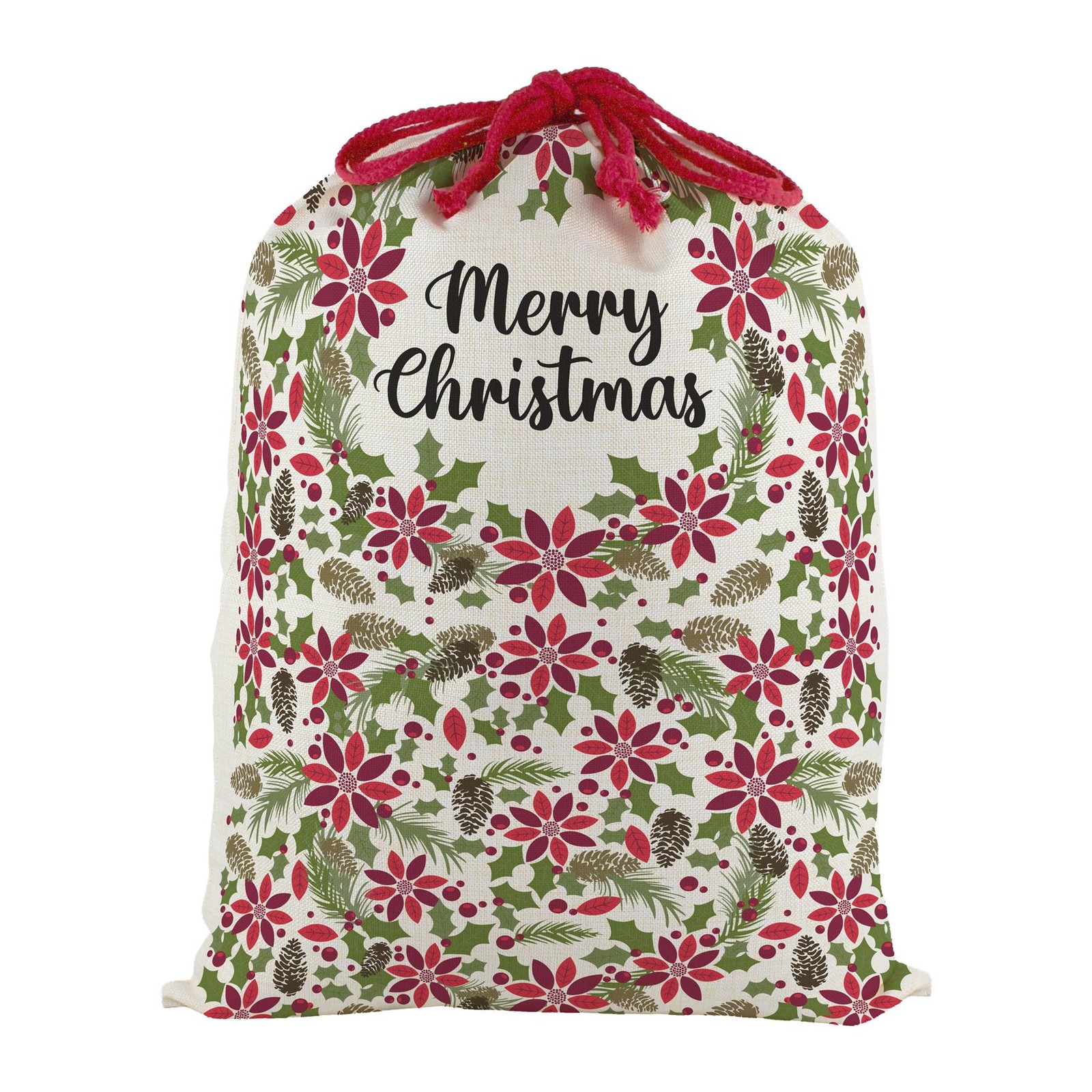 Purely Home Merry Christmas Poinsettia Present Bag - Xmas Santa Sack Gift