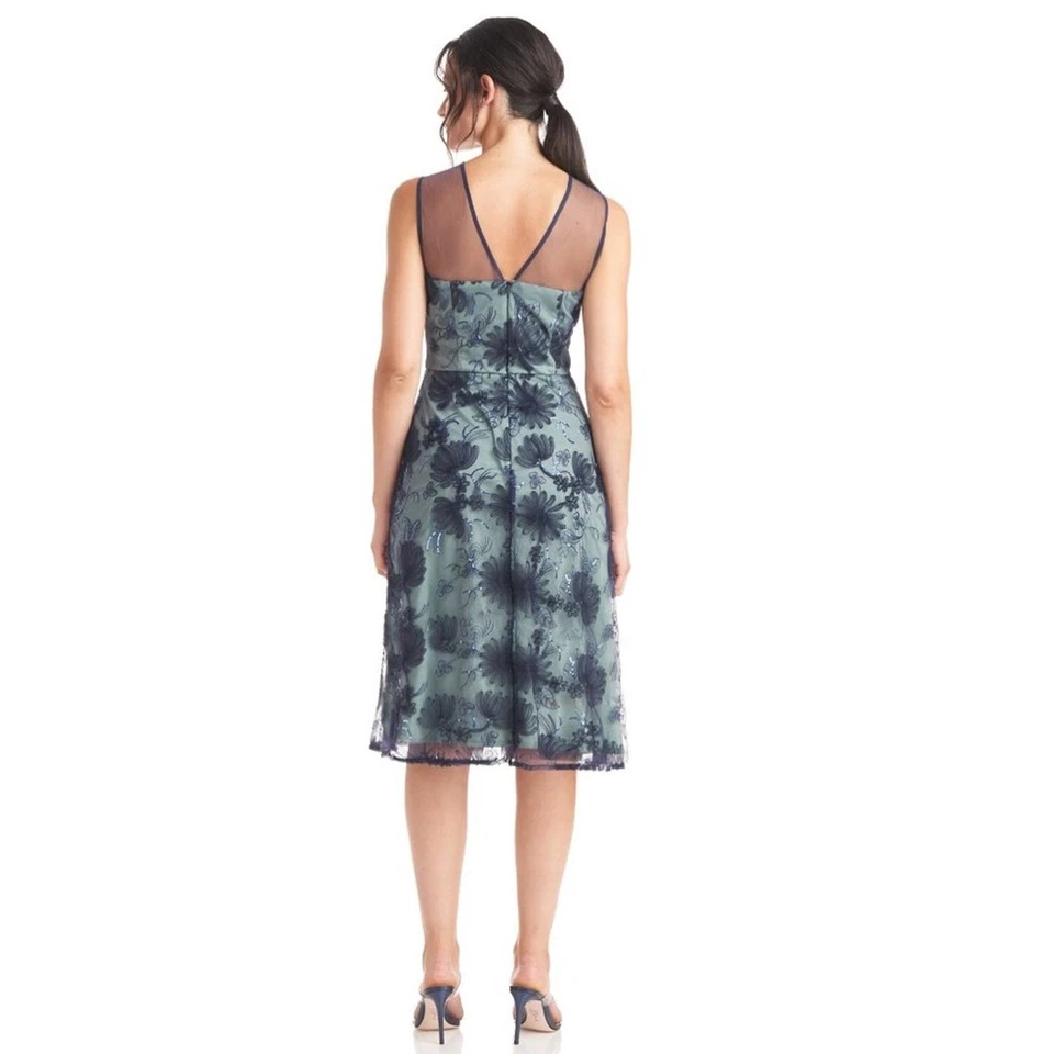 JS Collections Navy Blue Mesh Floral Midi Dress Illusion Cocktail Size 8 - Image 2 of 4