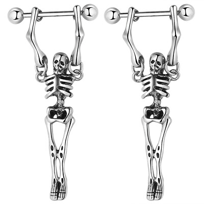 2pc Stainless Steel Punk Biker Skull Skeleton Ball Stud Earrings Ear Nipple Ring