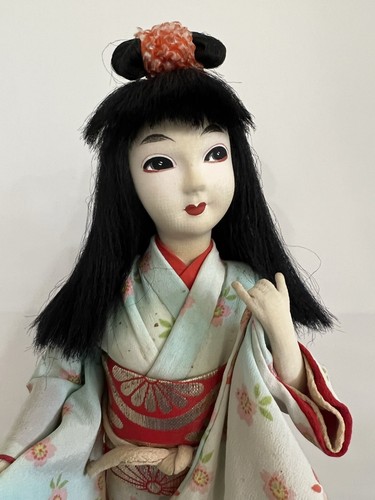 Vintage 14" Japanese Geisha Doll Painted Cloth Face Silk Kimono Long Hair - Picture 6 of 12