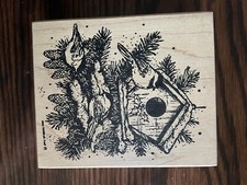 Northwoods Rubber Stamps Chickadees at a Birdhouse in a Pine Tree