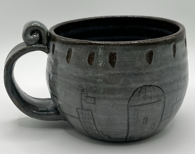 Studio Pottery Mug Blue Glazed Artist Signed City Scape Buildings Texas