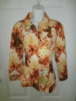 Chico's Jacket  SZ 2 POCKETS ZIP UP COAT FLORAL SPANDEX STRETCH MACH WASH