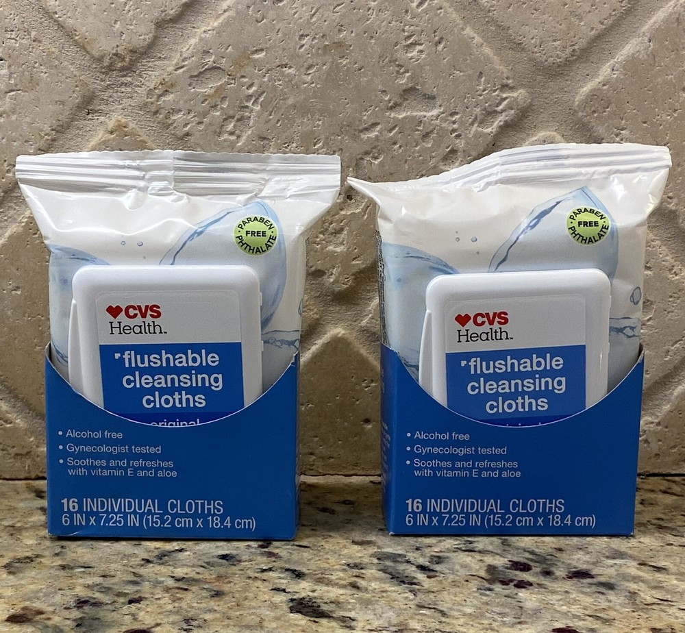 2 CVS Female  Flushable Cleansing Wipes Personal Care 16 Wipes Each Original
