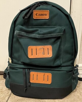 VTG Canon Camera Photographer Backpack Padded Leather Green 6 Pocket 17x15x6