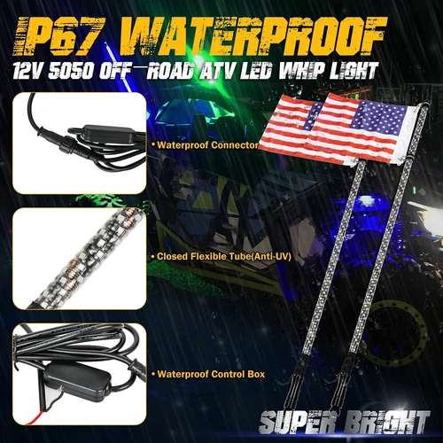 2x 3ft RGB LED Whip Lights Antenna Flag for ATV UTV Can Am X3 Polaris RZR 1000 - Picture 12 of 19