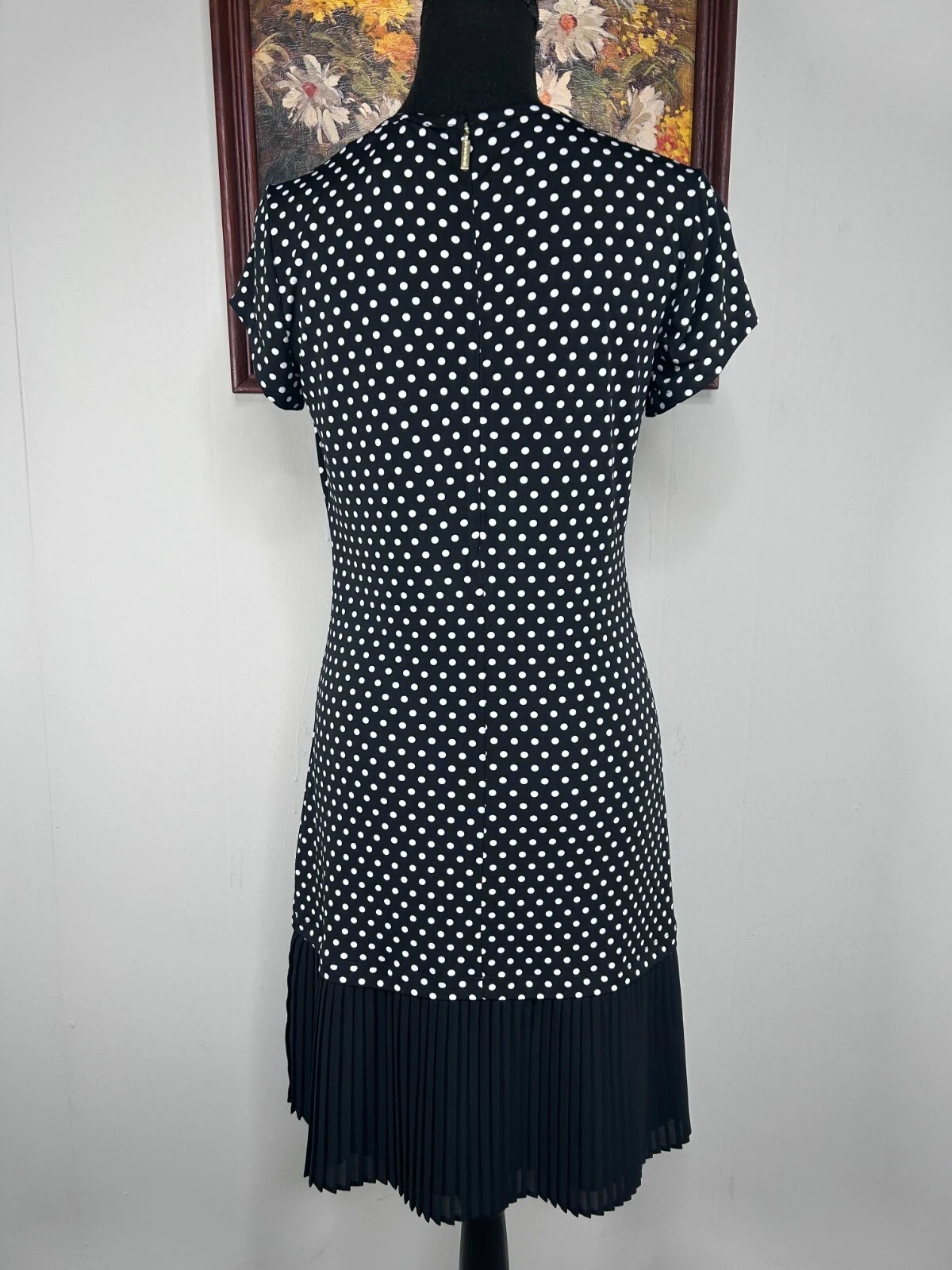 Abito Michael Kors A Line donna XS girocollo nero a pois plissettato skirT nuovo con etichette