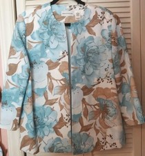 ALFRED DUNNER Womens Sz 14 Lined Turq.Green Tan Floral Light Blazer 3/4 Slv