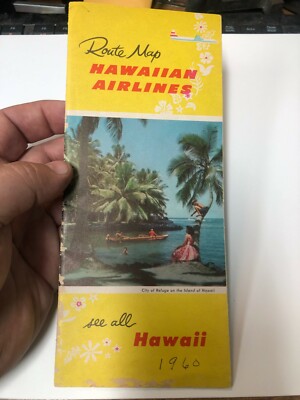 OLD VINTAGE route Map HAWAIIAN AIRLINES nice fold out DC3 Martin propliners 1960