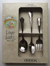 Oneida LOVE LASTS Stainless 3 Piece Baby Set Spoons  Fork USA