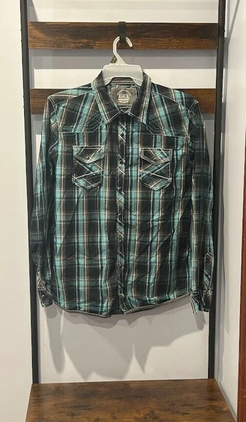 Camisa Western a Cuadros A Presión Manga Larga BKE Hebilla Para Hombres Ajuste Estándar Talla L Foto 2 de 4