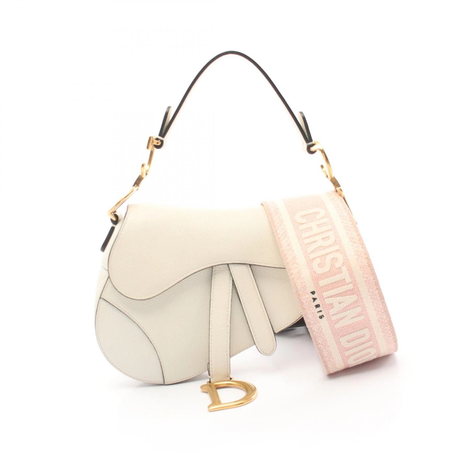 Christian Dior SELLE Sac bandoulière main 2 voies cuir toile beige rose noir