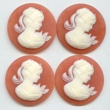4 VINTAGE CORNELIAN ACRYLIC LADY HEAD PROFILE WITH FLOWER 30mm. ROUND CAMEOS C42
