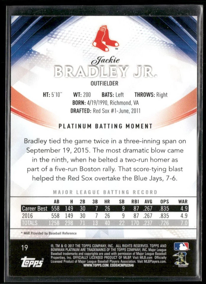 2017 Bowman Platinum #19 Jackie Bradley Jr. Purple #/250 - Image 2 of 2