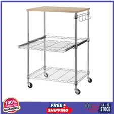 3-Tier Rolling Kitchen Cart, Microwave Cart with Oak Wood Tabletop and Drawer